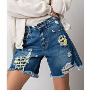 New Free People WTF Distressed Patched Denim Shorts $128 SIZE 25 Blue/Yellow